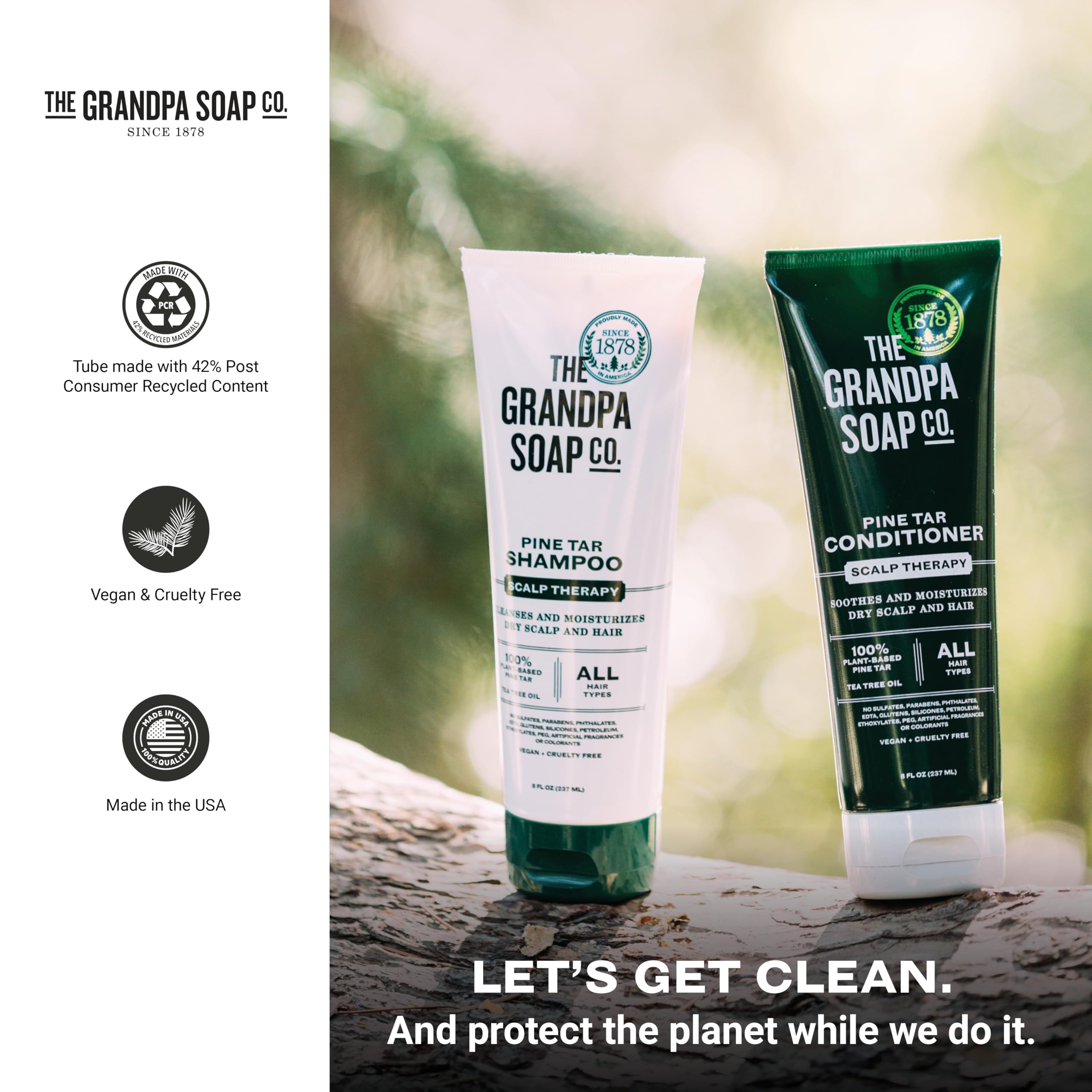 Tubo del champú de brea de pino de The Grandpa Soap Company, señalando 42% contenido post-consumo para sostenibilidad.