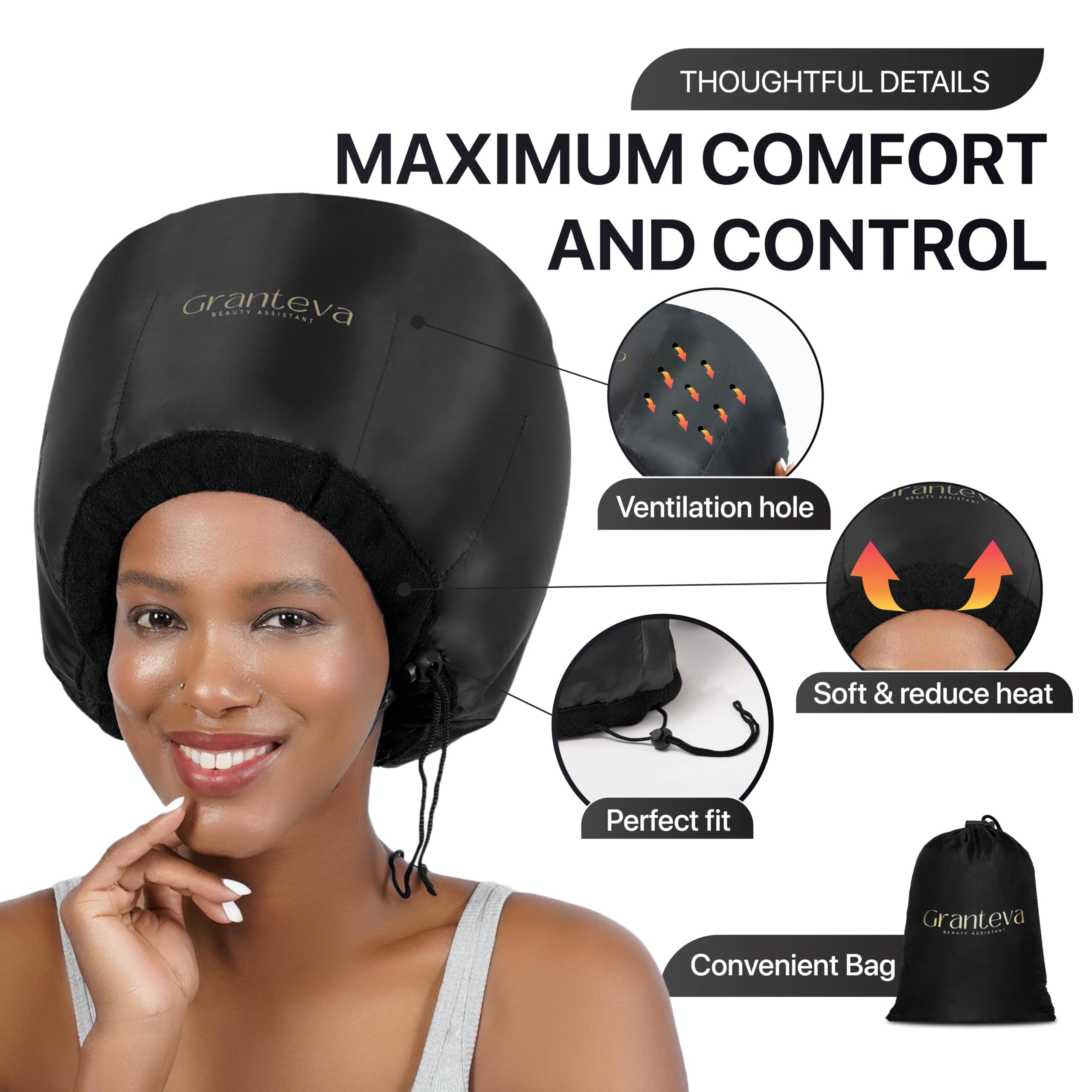 Granteva Capucha difusora integrada para secado uniforme y ergonómico.