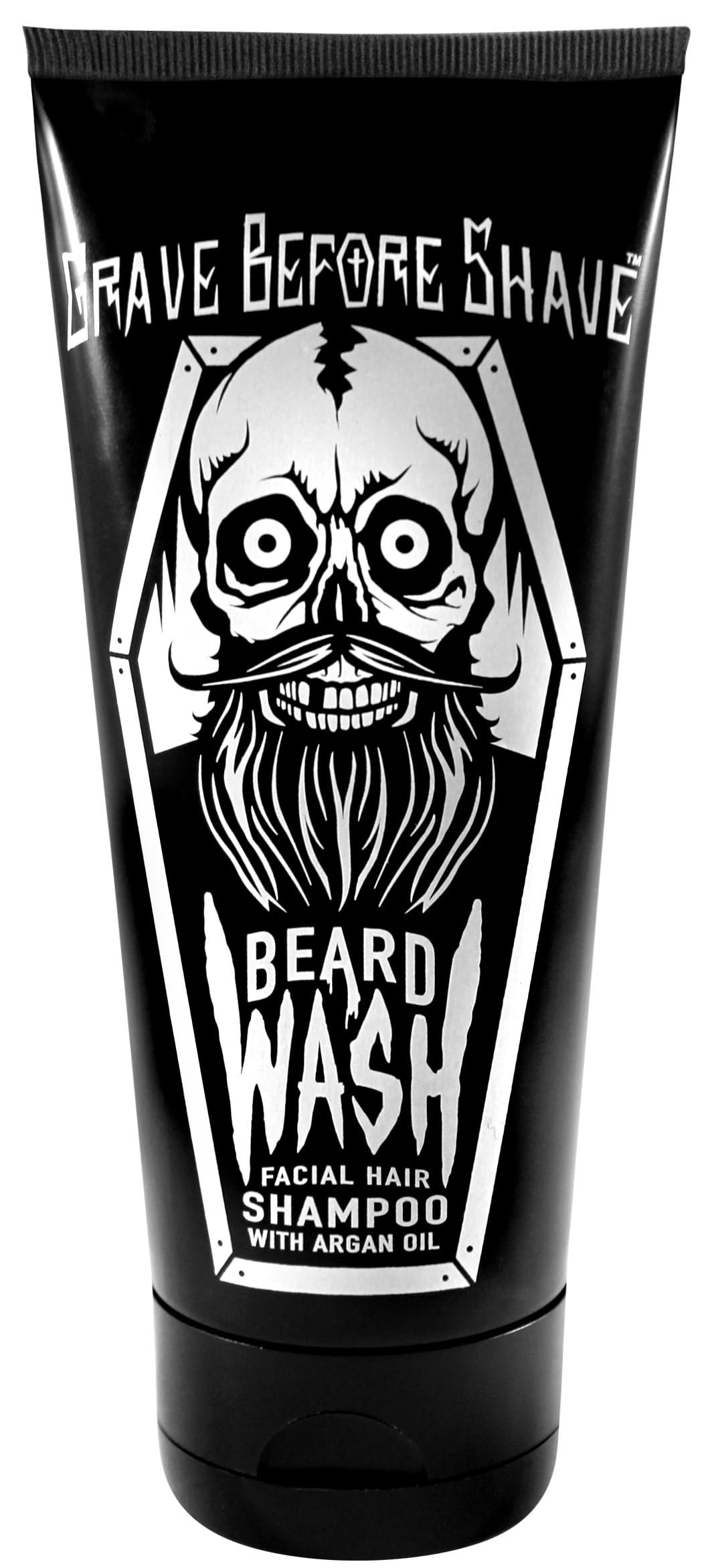 Grave Before Shave argan oil enriched formula bottle highlighting nourishing benefits for beard.