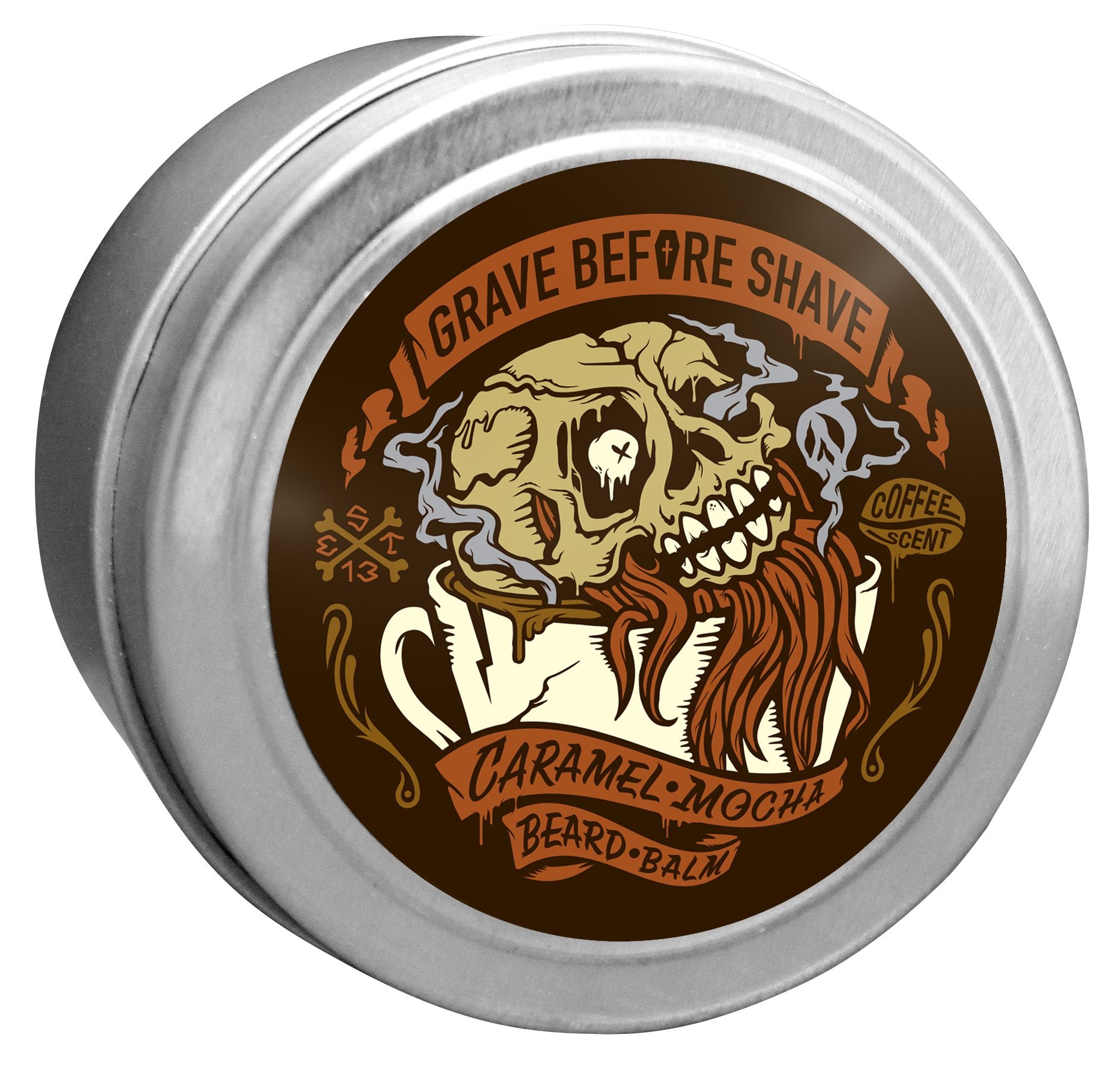 Grave Before Shave Balsamo para barba Caramelo Moka, lata que suaviza y define.