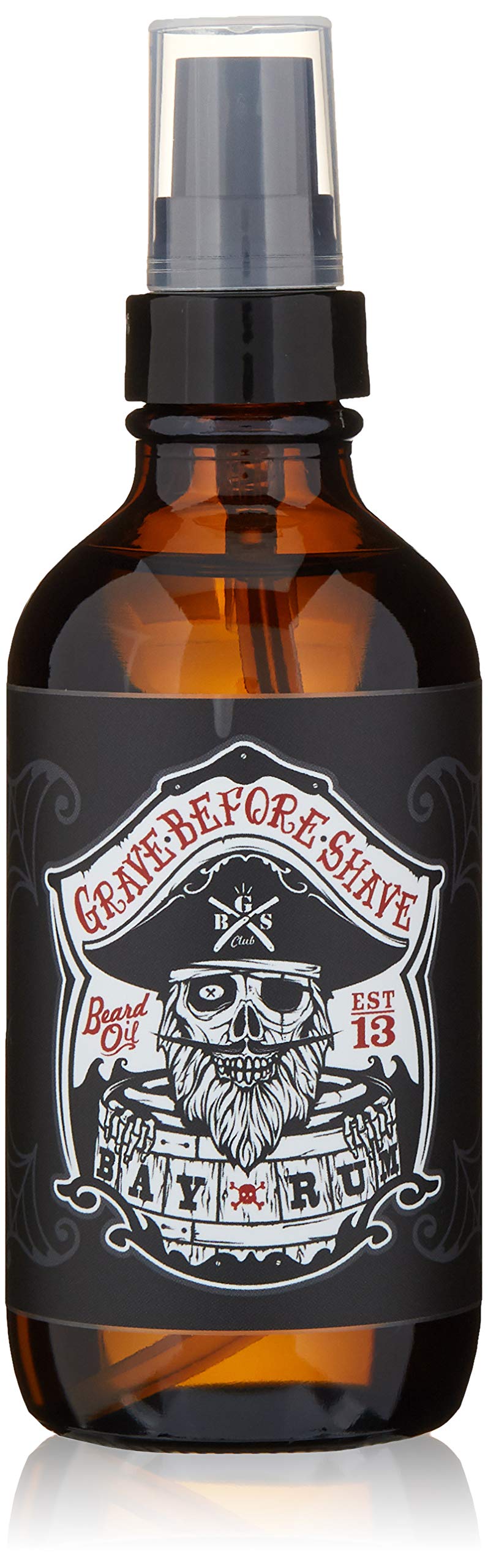 Grave Before Shave Bay Rum beard oil bottle shows Bay Rum scent with coconut after notes.