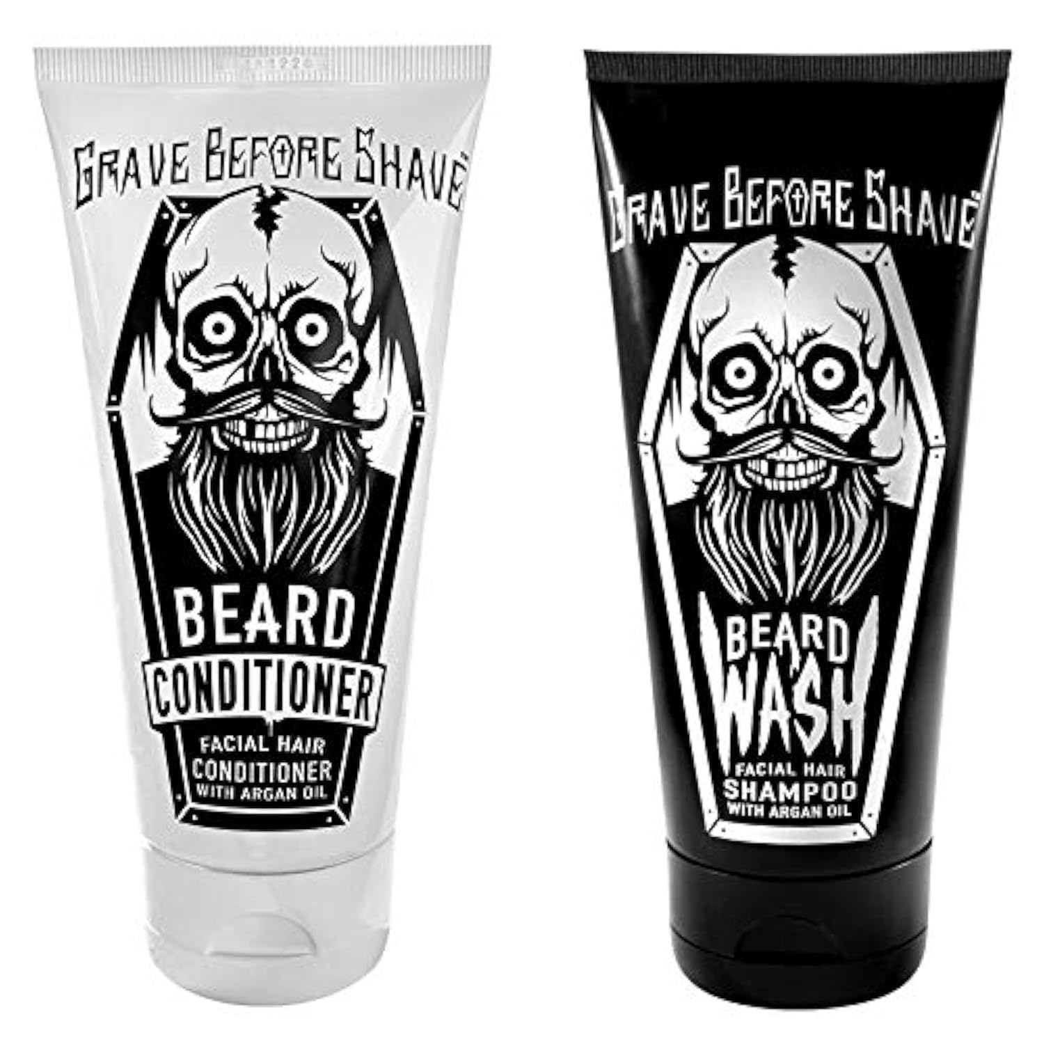Grave Before Shave beard wash bottle close-up highlighting hydrating formula for beard and skin.