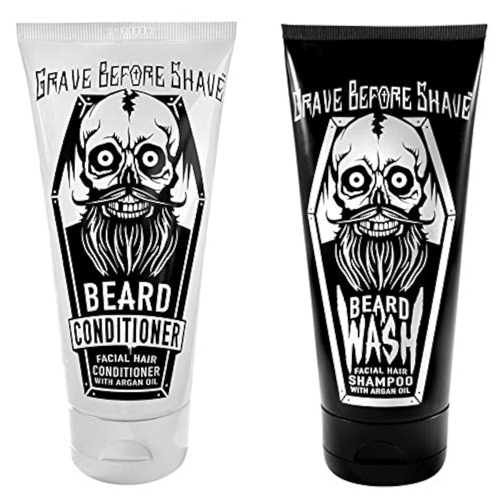 Grave Before Shave beard wash bottle close-up highlighting hydrating formula for beard and skin.