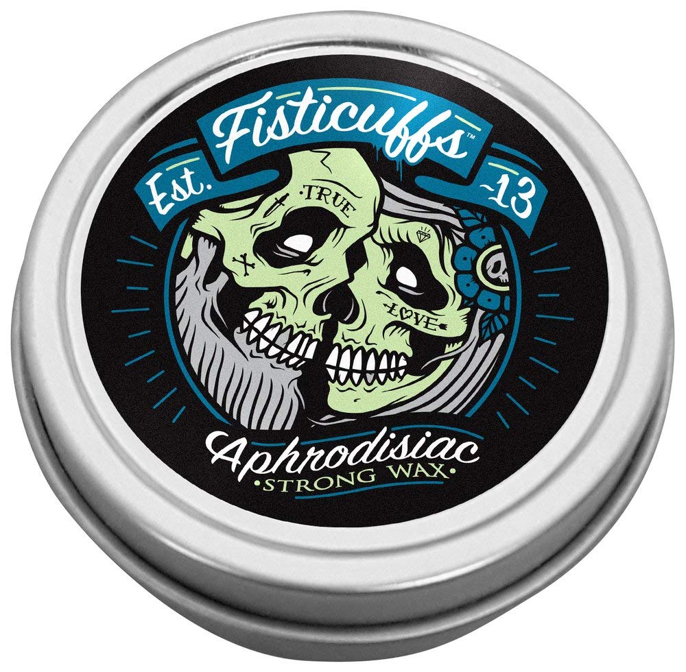 Grave Before Shave Fisticuffs strong hold mustache wax in a 1 oz tin for sculpted, long-lasting style.