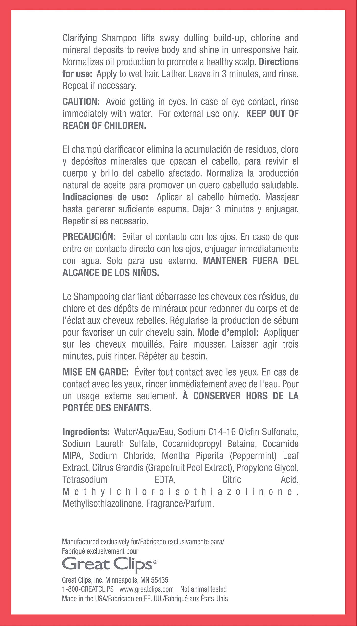 GREAT CLIPS Soluciones Champú Clarificante muestra eliminación de residuos del peinado.
