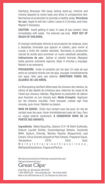 GREAT CLIPS Soluciones Champú Clarificante muestra eliminación de residuos del peinado.