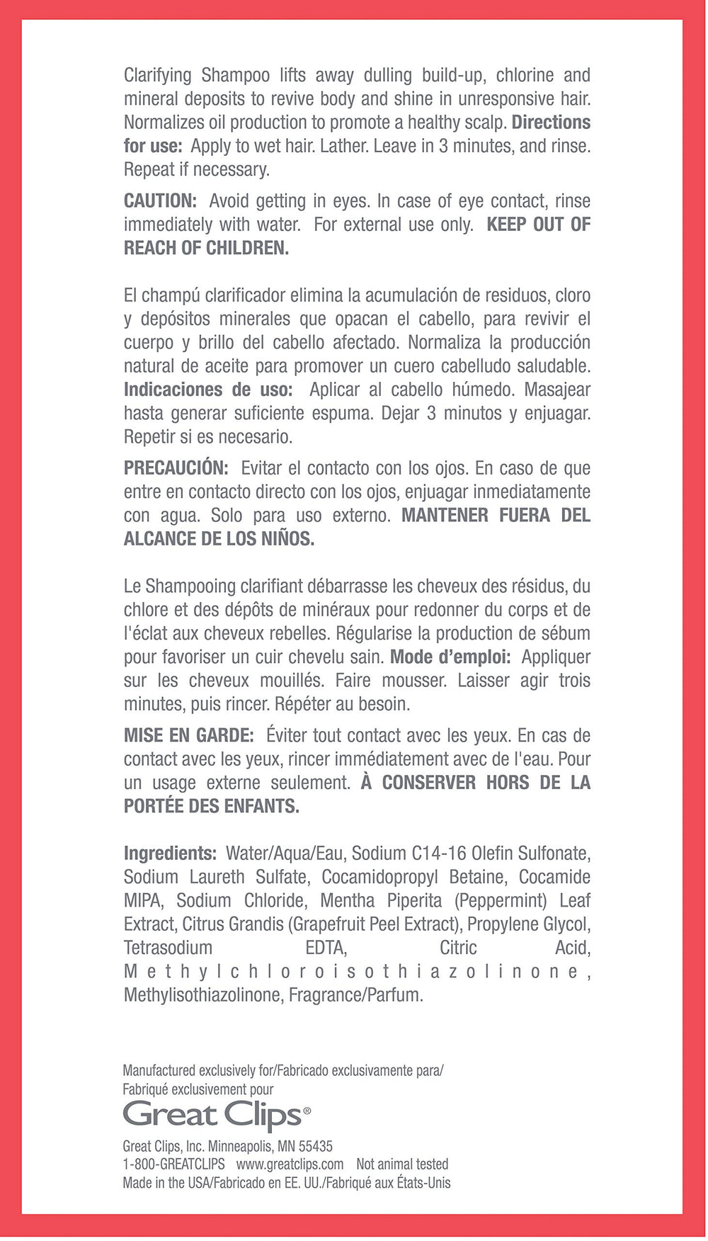 GREAT CLIPS Soluciones Champú Clarificante muestra eliminación de residuos del peinado.