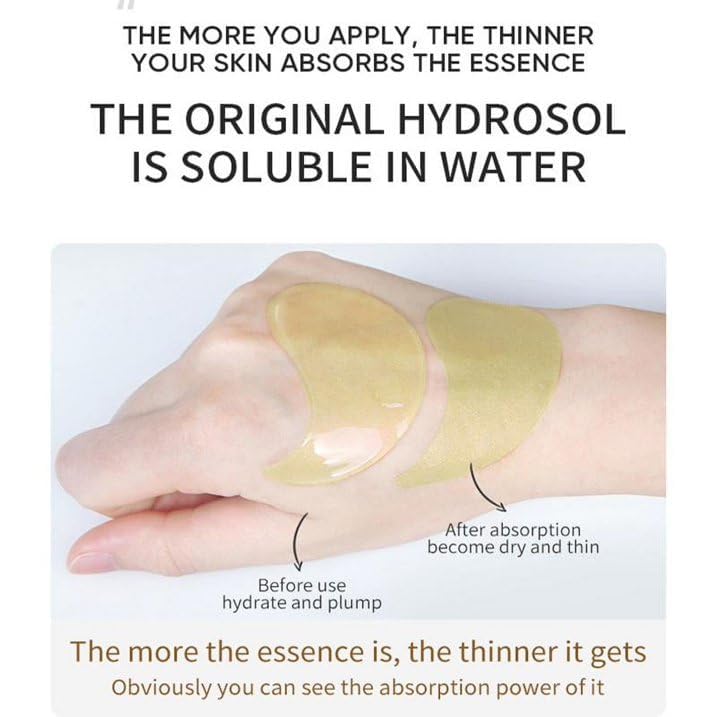 Green Cosmos 24k gold eye patch application demonstrating easy 15-minute use