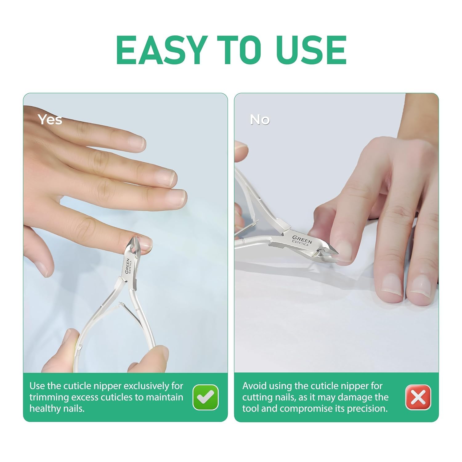 Uso de manicure y pedicure con cortacutículas Green Estetica.