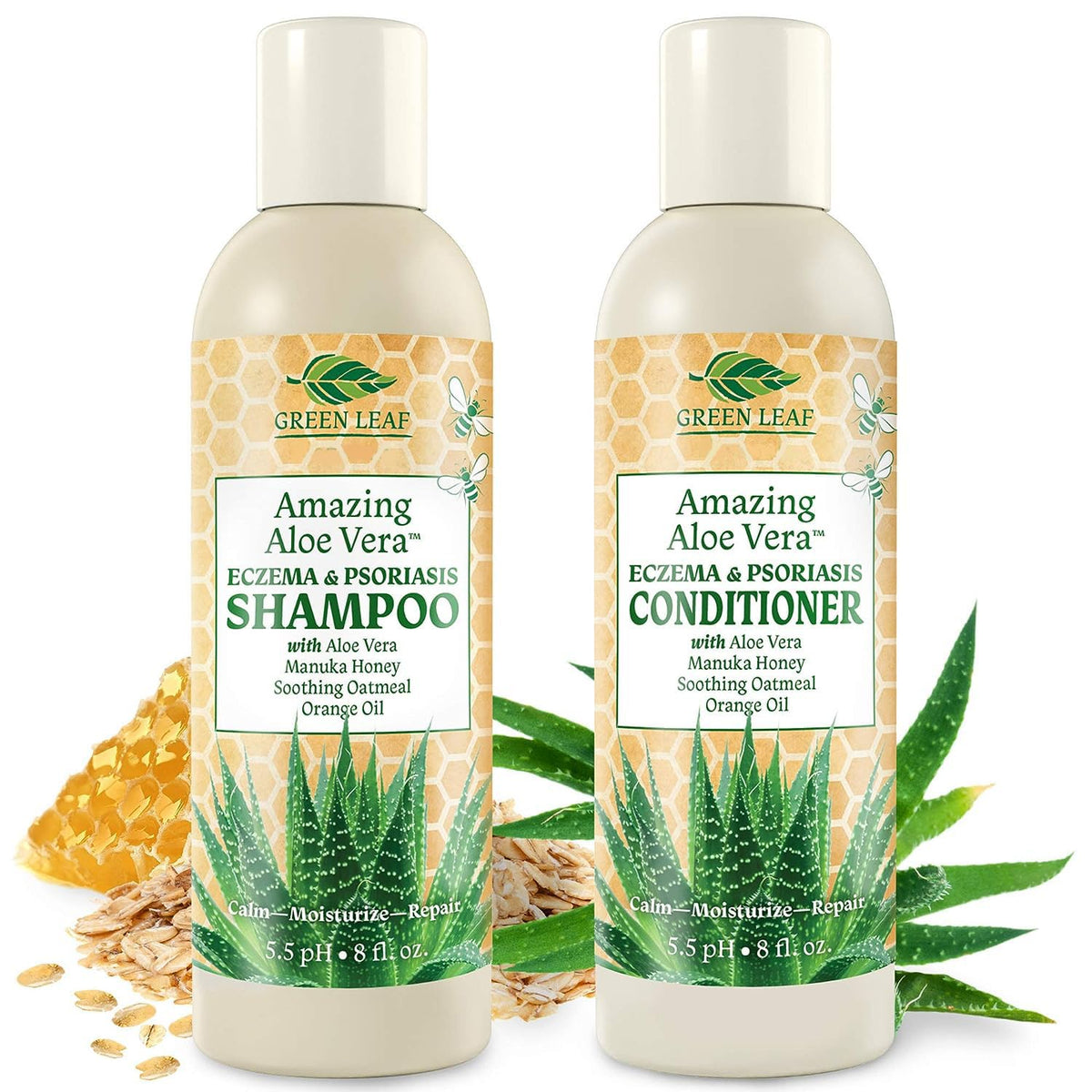 Green Leaf Naturals champú en botella con aloe vera para cuero cabelludo sensible.