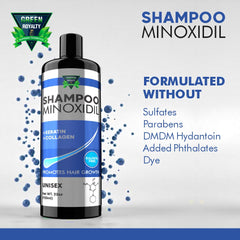 GREEN ROYALTY Minoxidil Champú – etiqueta frontal, presentación clara y atractiva.
