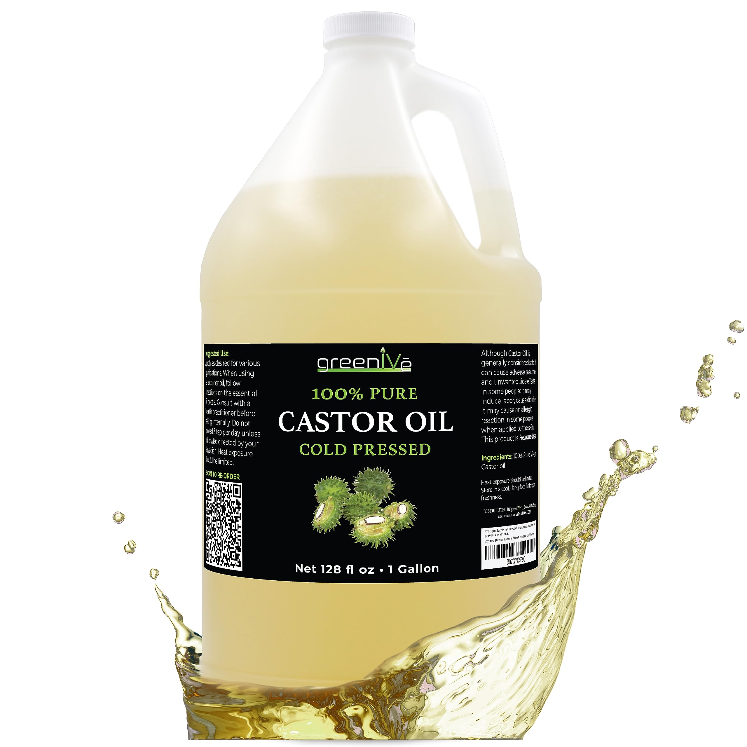 GreenIVe Aceite de ricino prensado en frío, botella 128oz, uso versátil para cabello y piel.