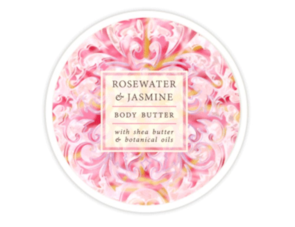 Greenwich Bay crema corporal botánica: agua de rosas y jazmín, hidratación suave para la piel.