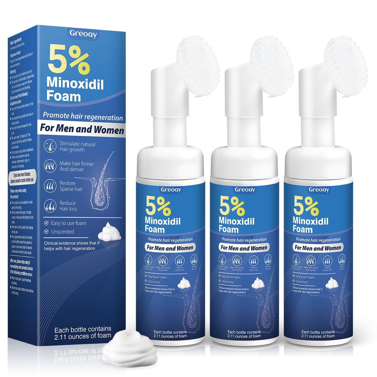Greoay Minoxidil espuma, botella para uso diario y cuidado capilar