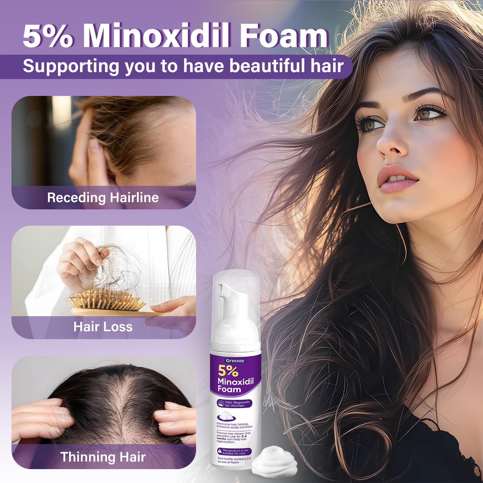 Greoay Minoxidil espumas para regeneración capilar, apoyo diario para el cabello.