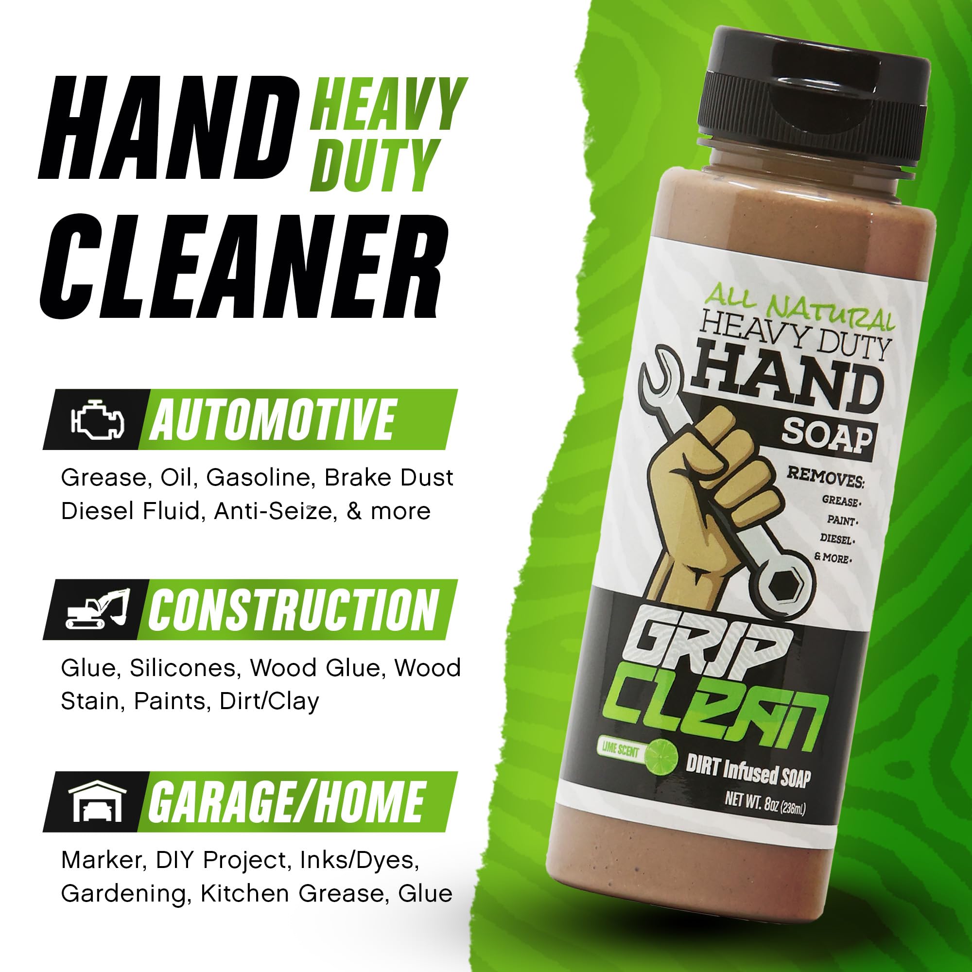 Grip Clean con arcilla bentonita y aceites naturales para limpieza profunda y suave.