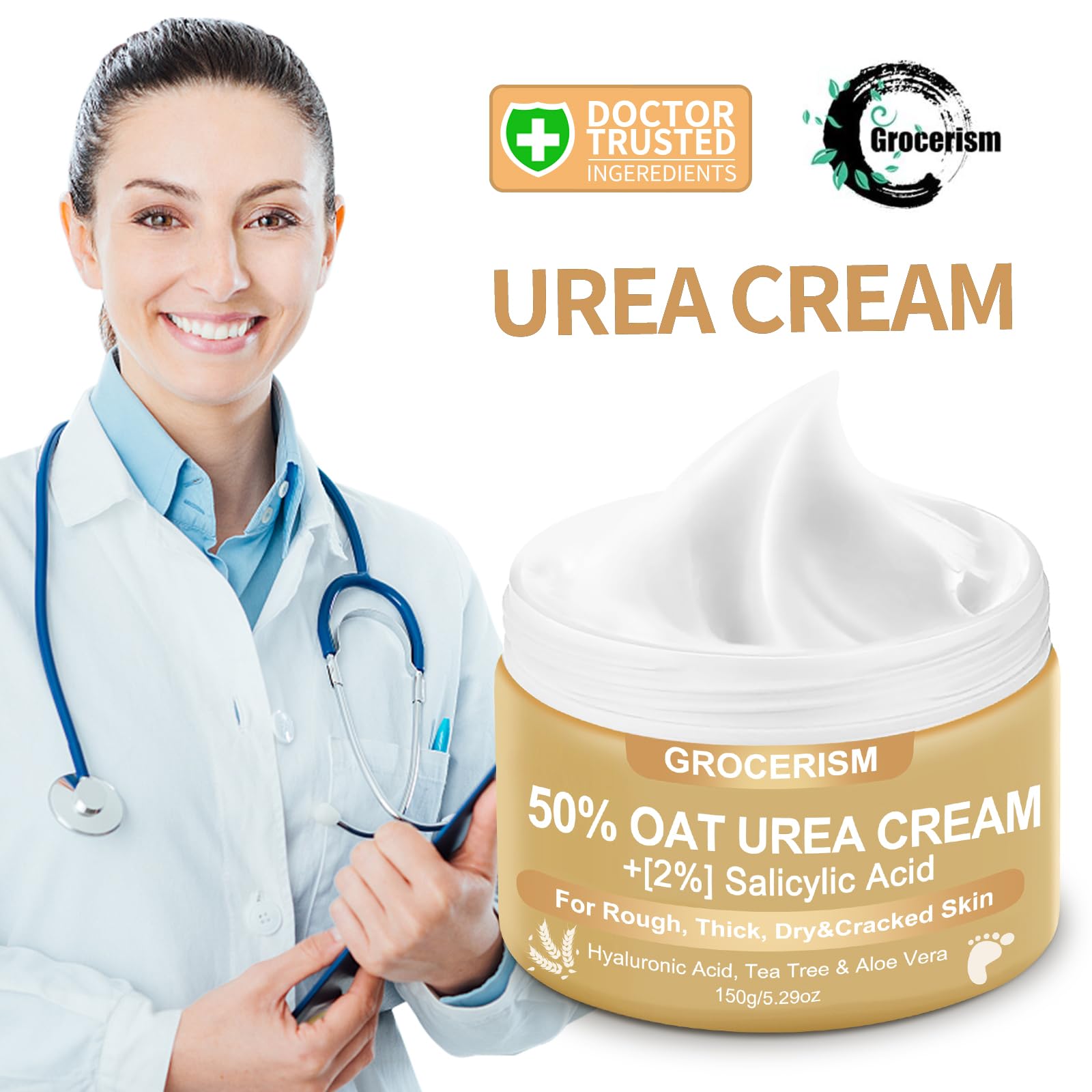 Grocerism Crema Urea 50% ingredientes clave; avena y aloe para cuidado suave