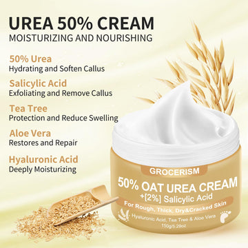 Grocerism Oat Urea Cream on a dry heel for smoothing rough skin
