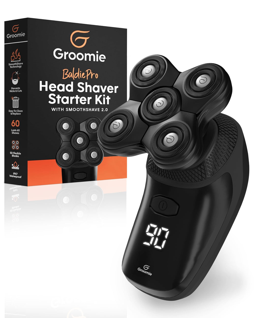 Groomie BaldiePro en uso en cabeza para afeitado suave y cómodo.