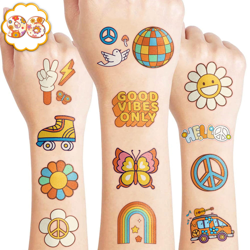 Groovy 70s tatuajes precortados para escuela, diseños divertidos para cuadernos y estuches.