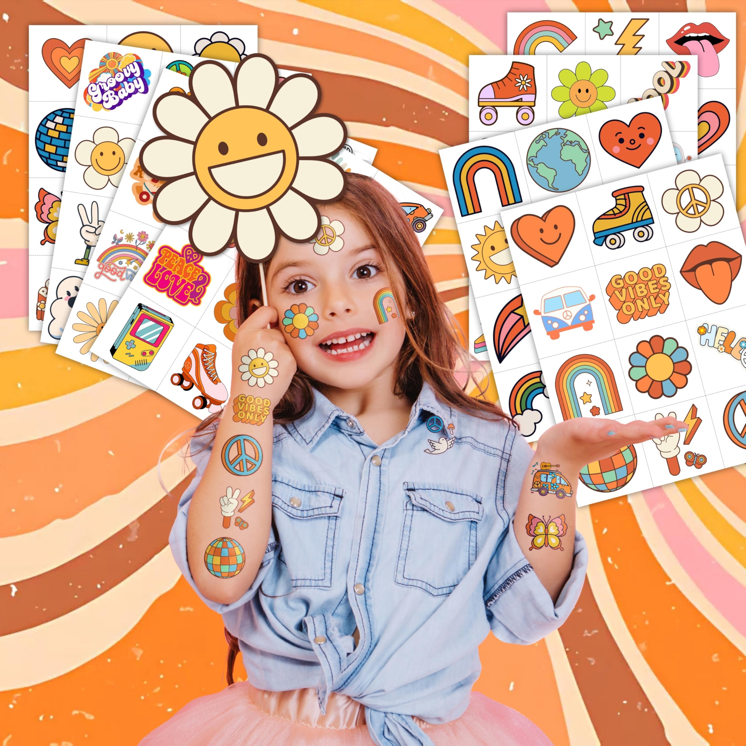 Groovy 70s tatuajes precortados signo paz, perfecto para regalos temáticos.