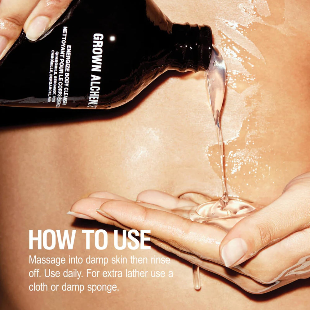 Grown Alchemist Energize Body Cleanser: empaque ergonómico facilita el uso diario.