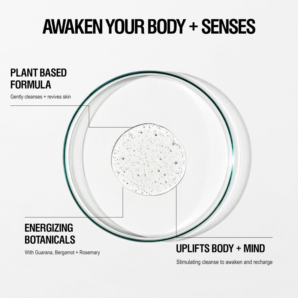 Grown Alchemist Energize Body Cleanser muestra textura gel-espuma suave para una limpieza diaria.