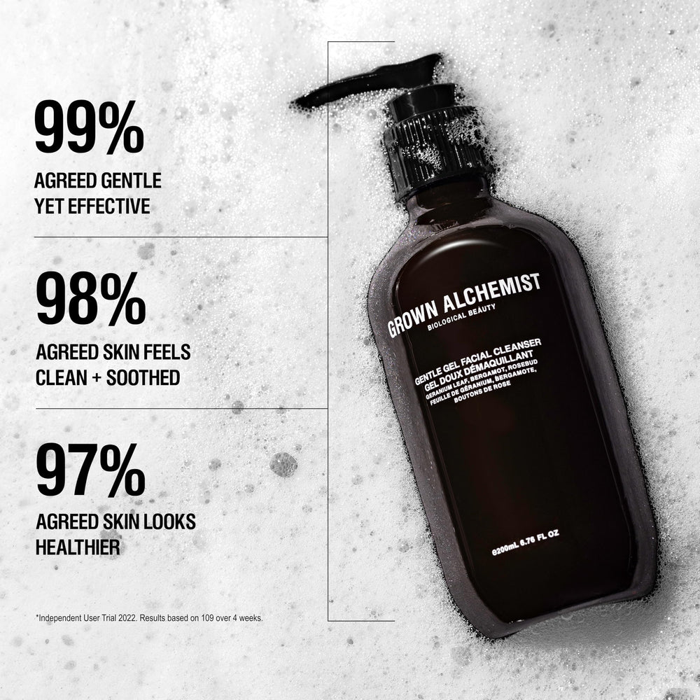 Grown Alchemist Gentle Gel Facial Cleanser, aroma a bergamota y pétalos de rosa.
