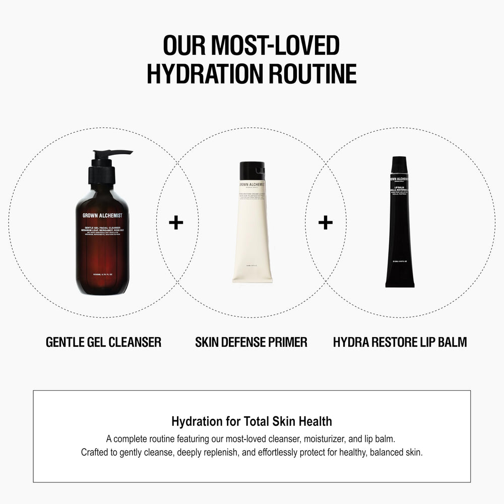 Grown Alchemist Hydra-Restore Lip Balm packaging flatlay emphasizing vegan cruelty-free care