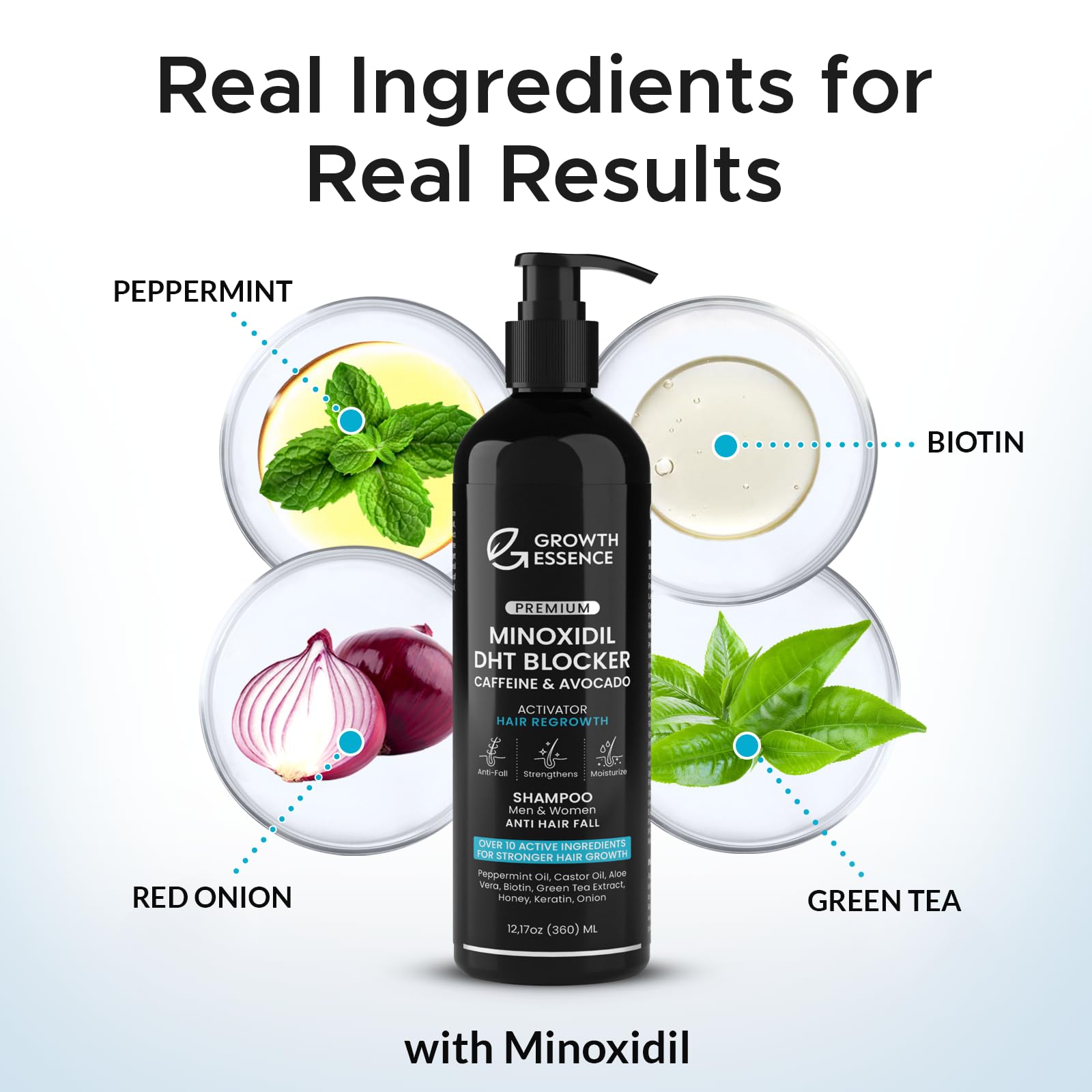 Growth Essence cafeína y aceite de ricino brindan sensación de frescura al cuero cabelludo.