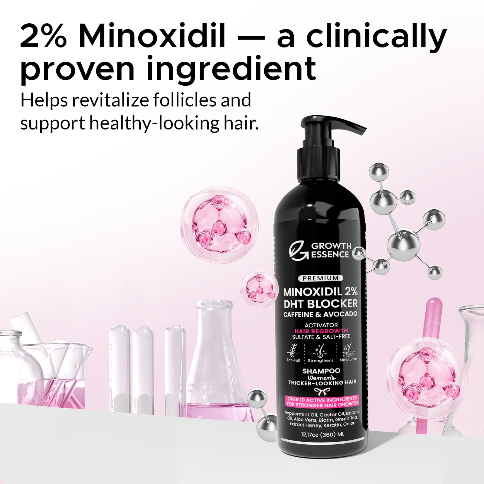 Growth Essence espuma cremosa aplicada en cabello para suavidad y brillo.