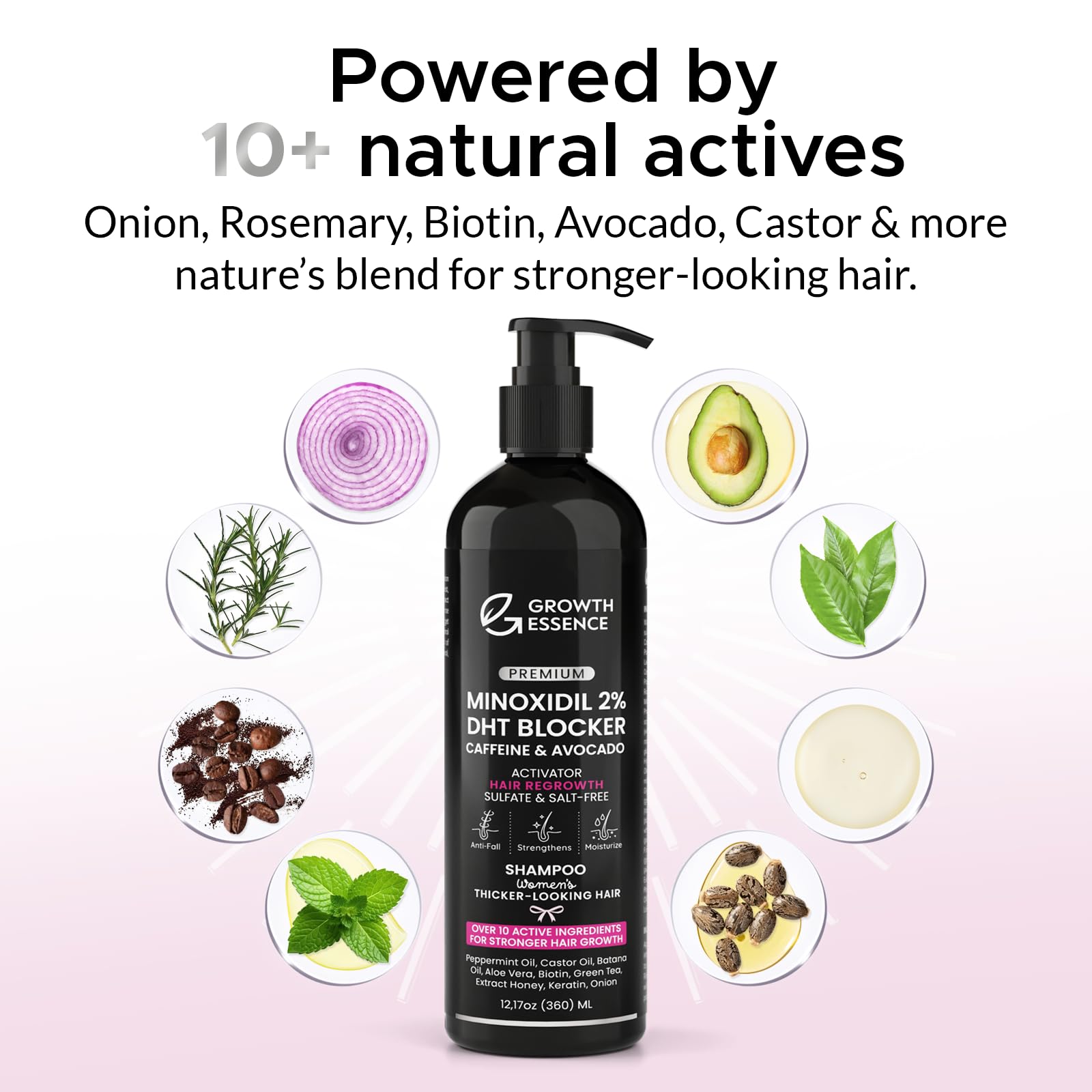 Growth Essence ingredientes clave, aceite de ricino y té verde nutren cuero cabelludo.