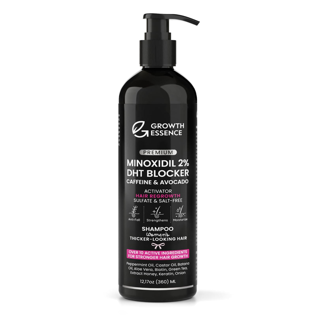 Growth Essence Champú con Minoxidil 2% en botella para densidad aparente.