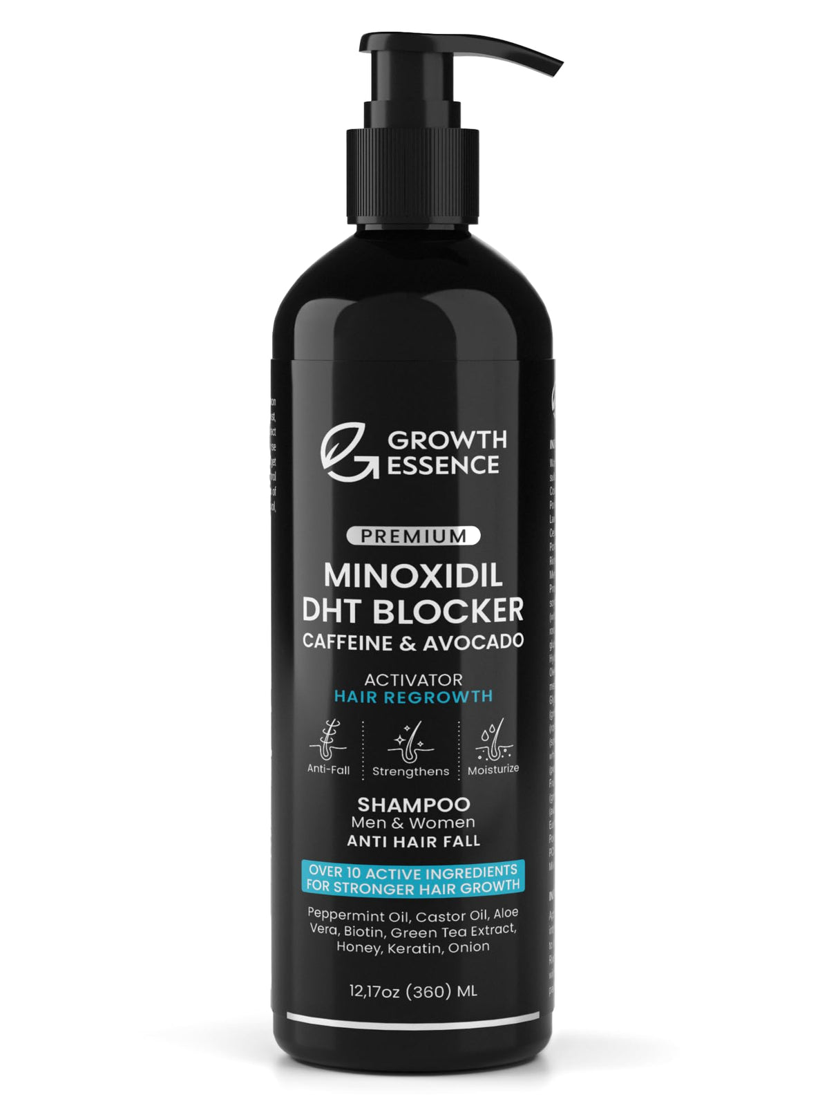 Growth Essence Champú Minoxidil y Biotina, botella para estimulación del crecimiento capilar.