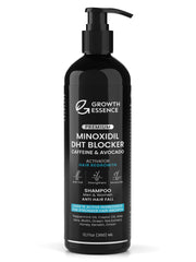 Growth Essence Champú Minoxidil y Biotina, botella para estimulación del crecimiento capilar.