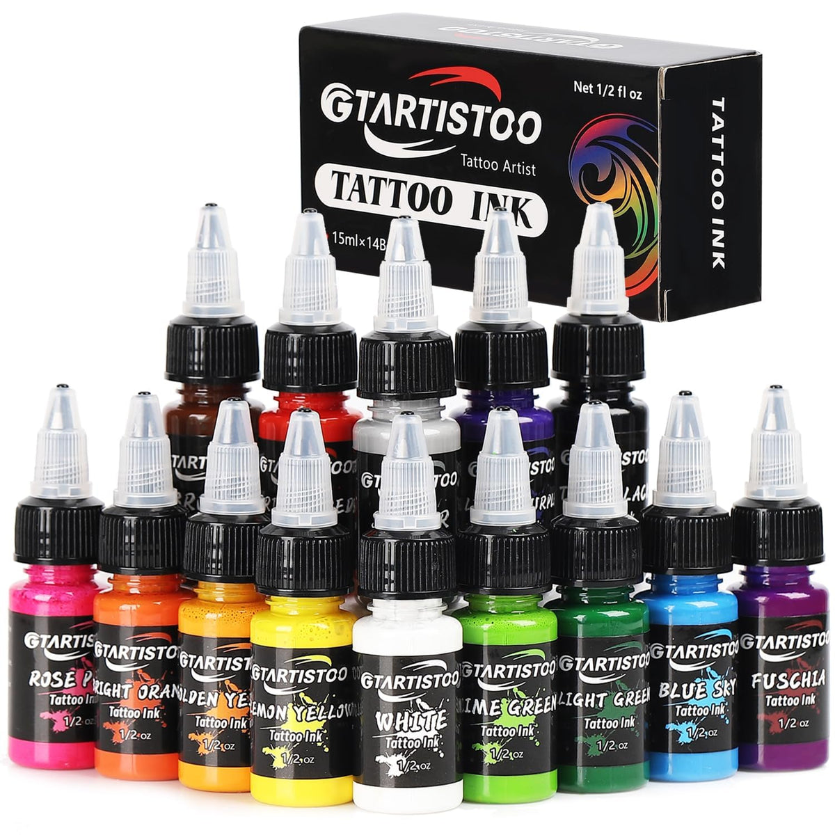 GTARTISTOO tinta tatuaje profesional 14 colores 15ml para resultados vibrantes y duraderos.