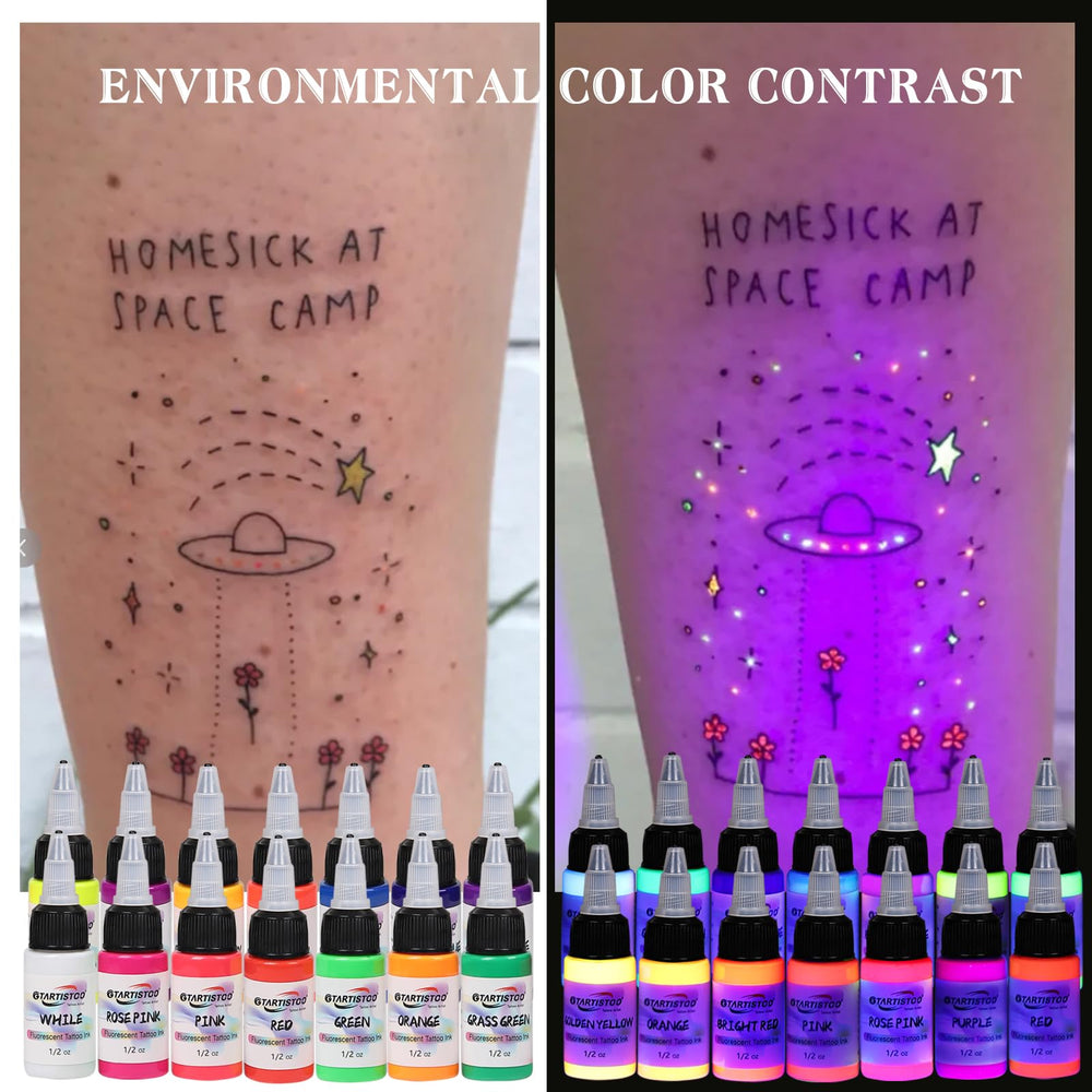 GTARTISTOO UV glow ink shown under black light to highlight fluorescence