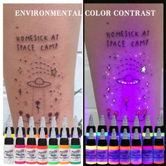 GTARTISTOO UV glow ink shown under black light to highlight fluorescence