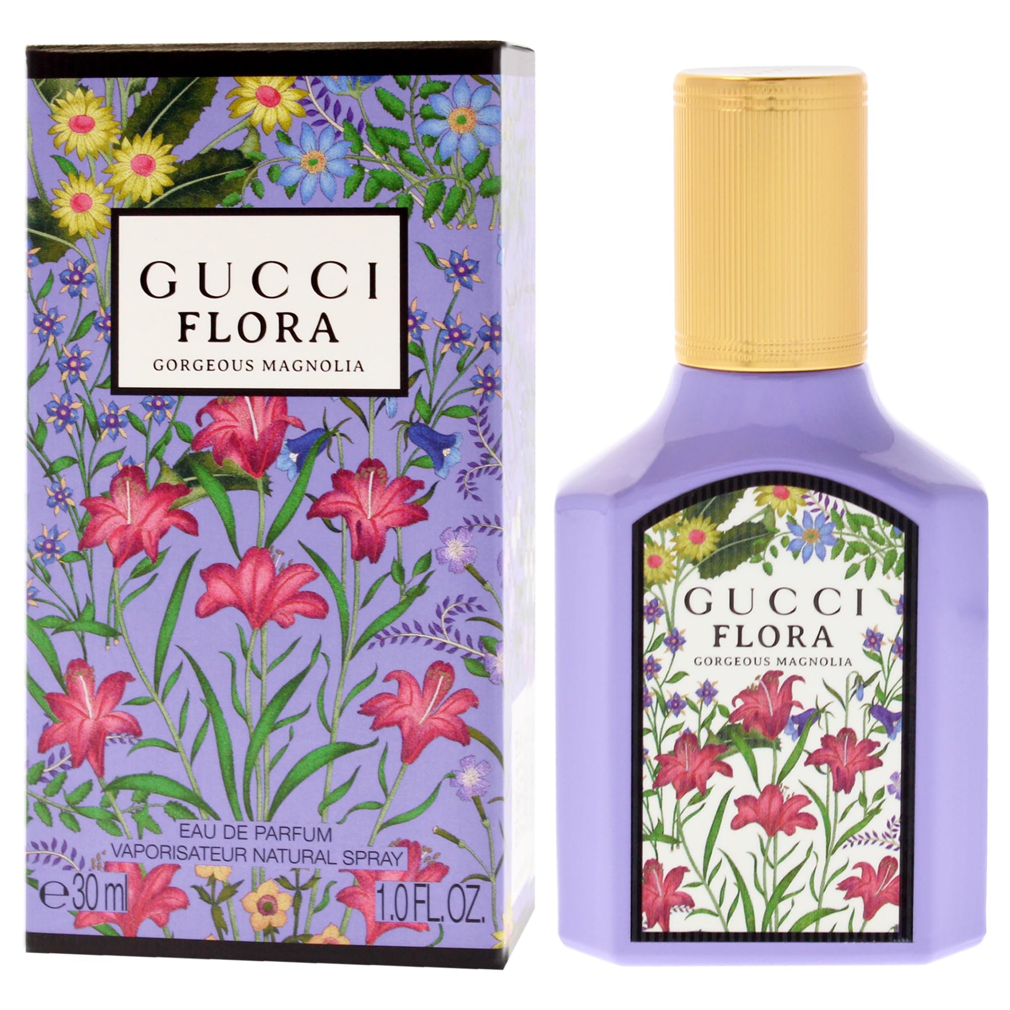 Acercamiento a la botella de Gucci Flora Magnolia Deslumbrante, diseño refinado y elegante