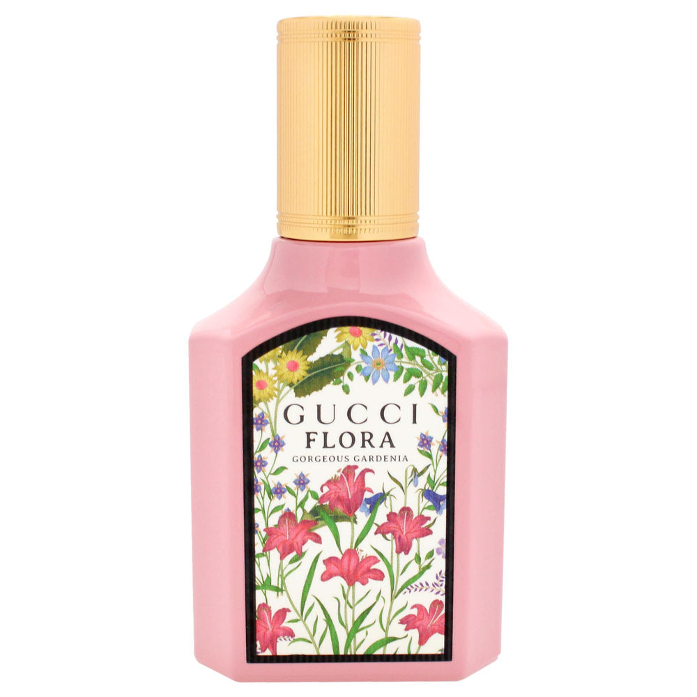 Gucci Flora Gorgeous Gardenia: etiqueta frontal destaca la marca y estilo.