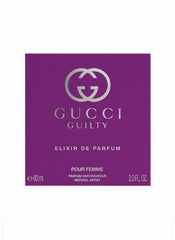 Gucci Guilty Elixir Parfum, frasco detalle notas de fragancia para uso nocturno.