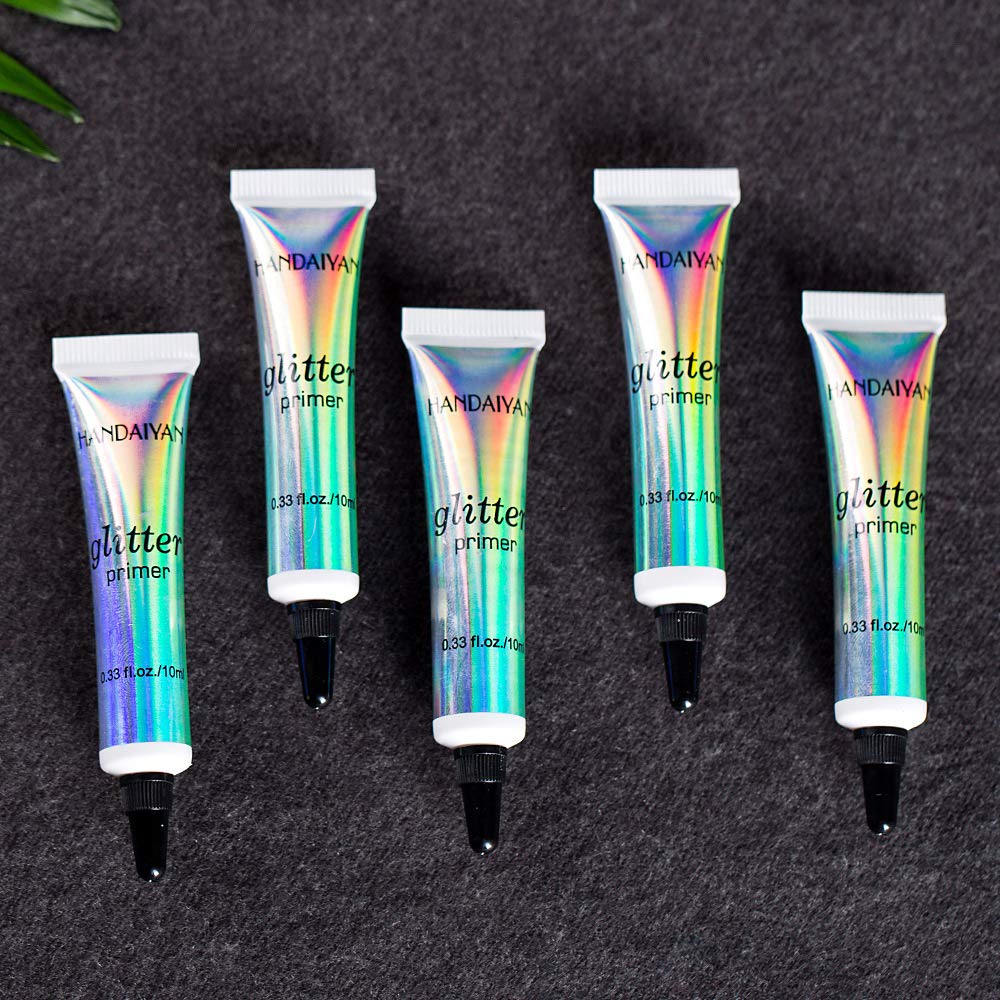 Waterproof finish of glitter glue suggests durable wear.