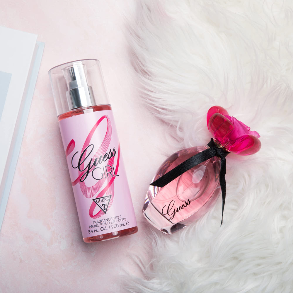 GUESS Girl base-notes visual featuring sandalwood and vanilla for lasting warmth