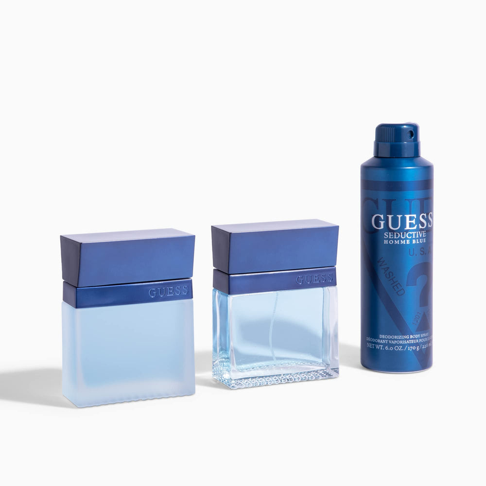 GUESS Seductive Homme Blue, tapa y spray, fácil de transportar.