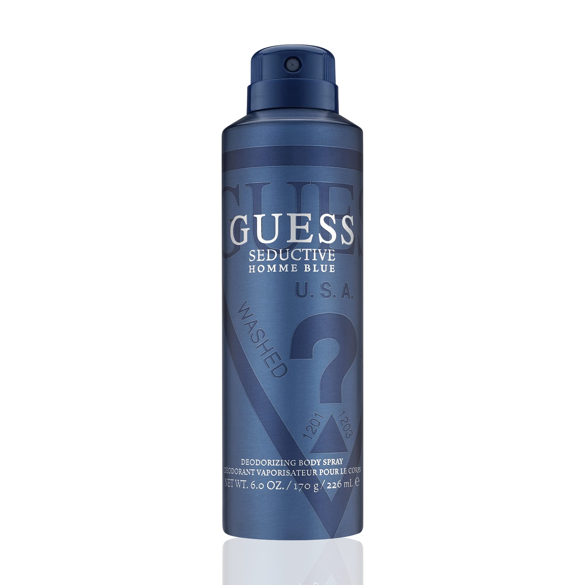 GUESS Seductive Homme Blue, vista frontal del envase, aroma fresco para uso diario.
