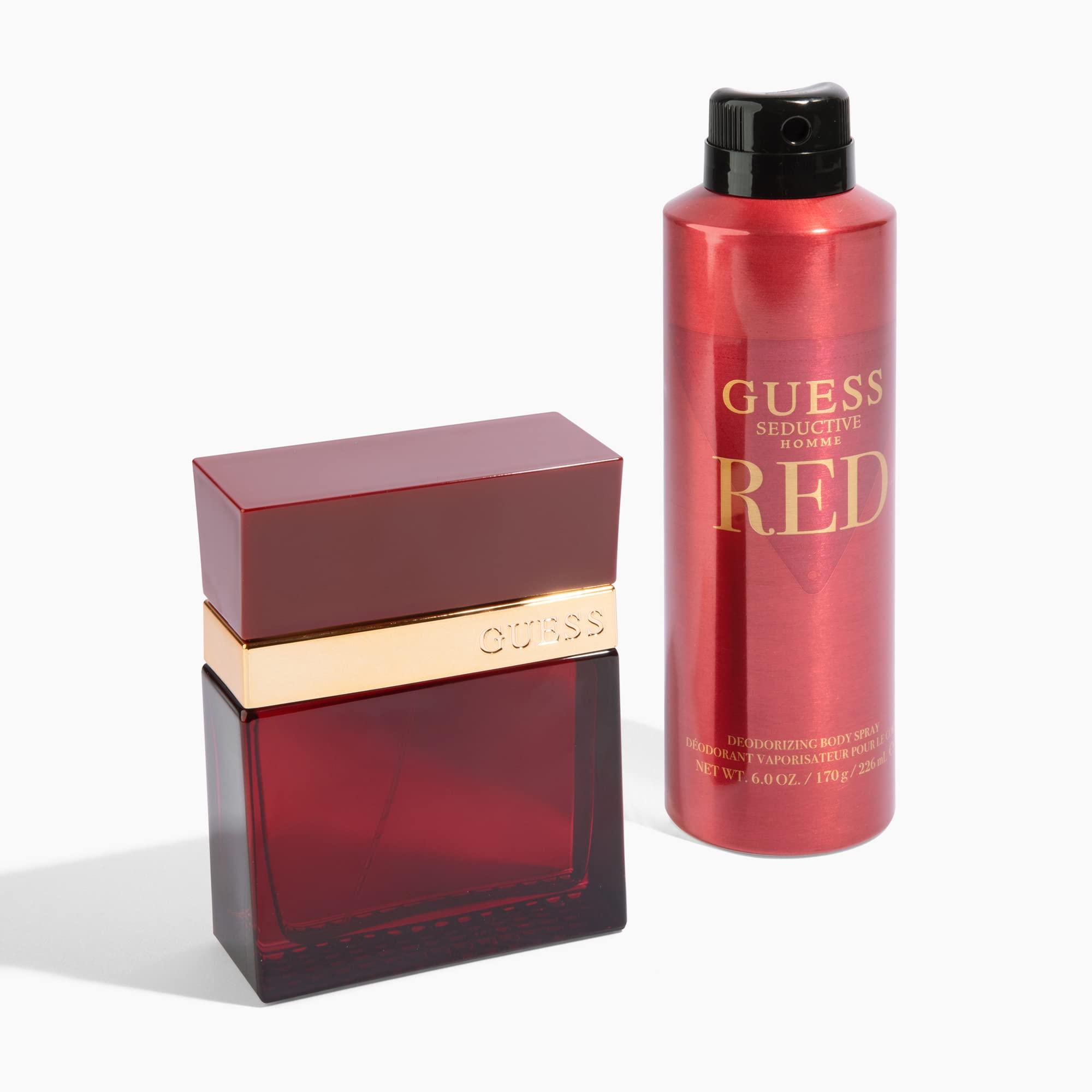 GUESS Seductivo Rojo para hombre, frasco de vidrio, notas de vainilla y sándalo se aprecian.