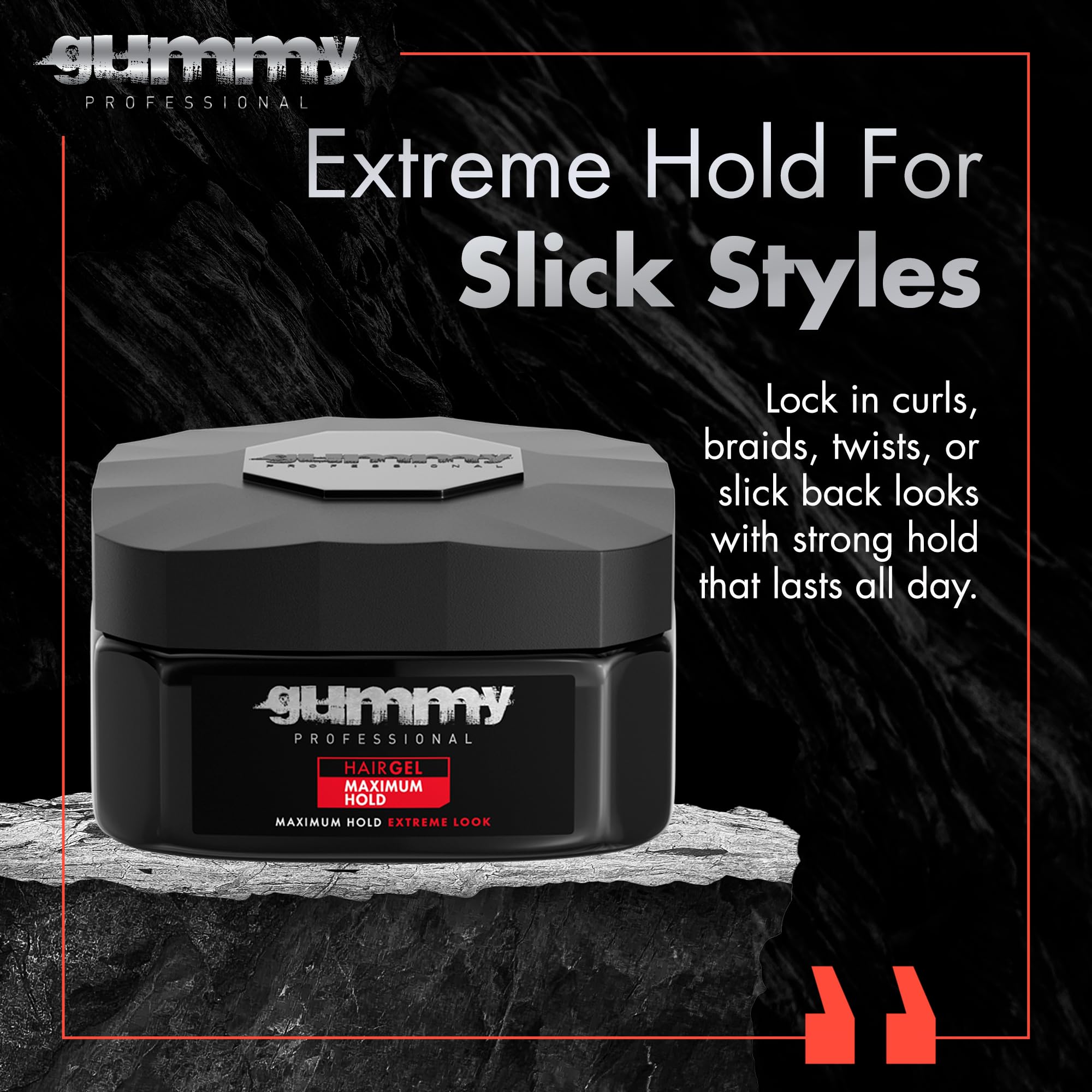 Gummy gel profesional para peinado hacia atrás con brillo y control duradero.