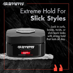 Gummy gel profesional para peinado hacia atrás con brillo y control duradero.