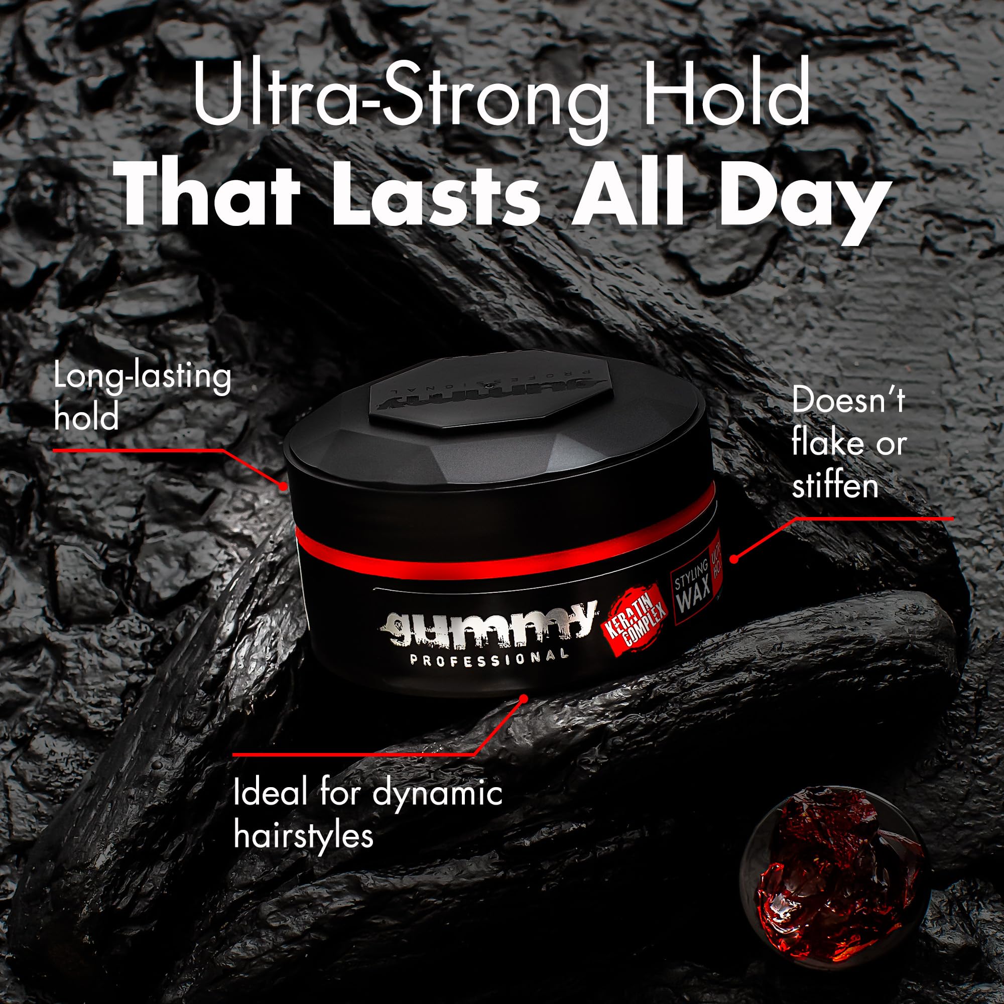Gummy Professional closeup highlights water-based formula for strong hold and clean removal.