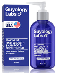 Guyology Labs Hair Growth Shampoo bottle with rich lather for fuller-looking hair.
